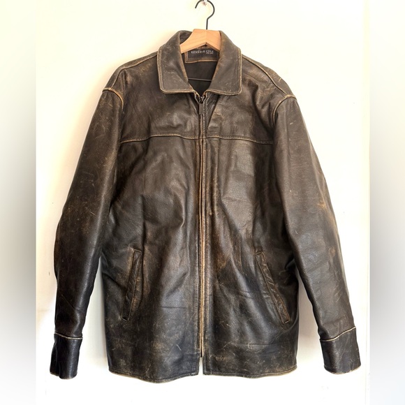 Kenneth Cole New York Men’s L Heavyweight Distressed Brown Leather Jacket Patina